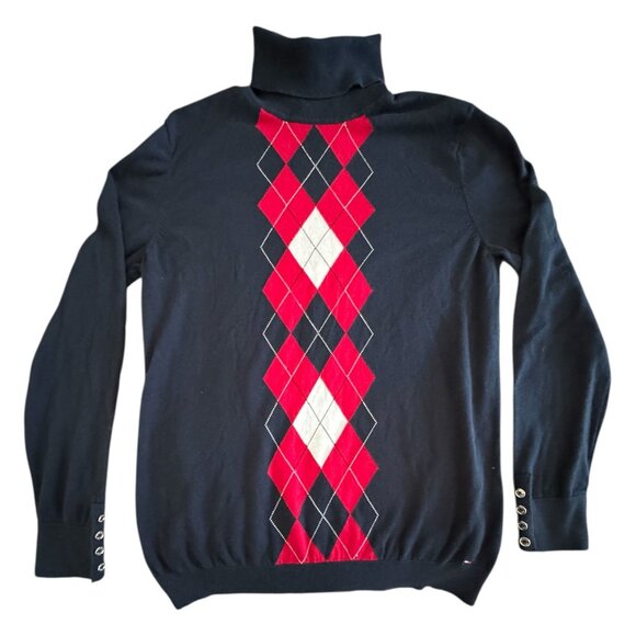 Tommy Hilfiger Argyle Turtleneck Sweater Blue Red Classic Knit Women's SZ L/G - Picture 2 of 8
